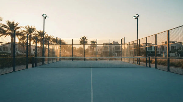 An empty outdoor padel court at golden hour with palm trees beyond the fence