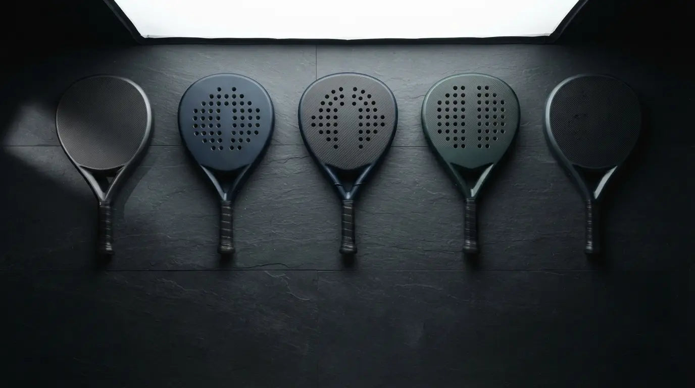 Five padel rackets of different head shapes laid out in a row