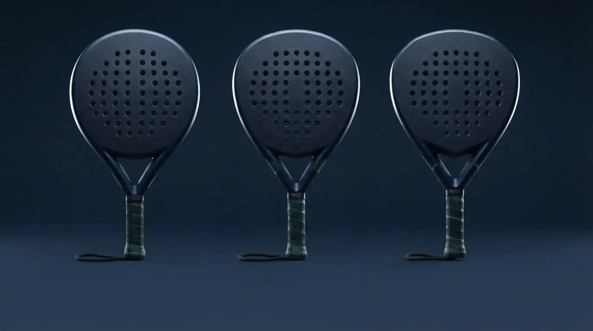 Three padel rackets side by side showing round, teardrop and diamond head shapes