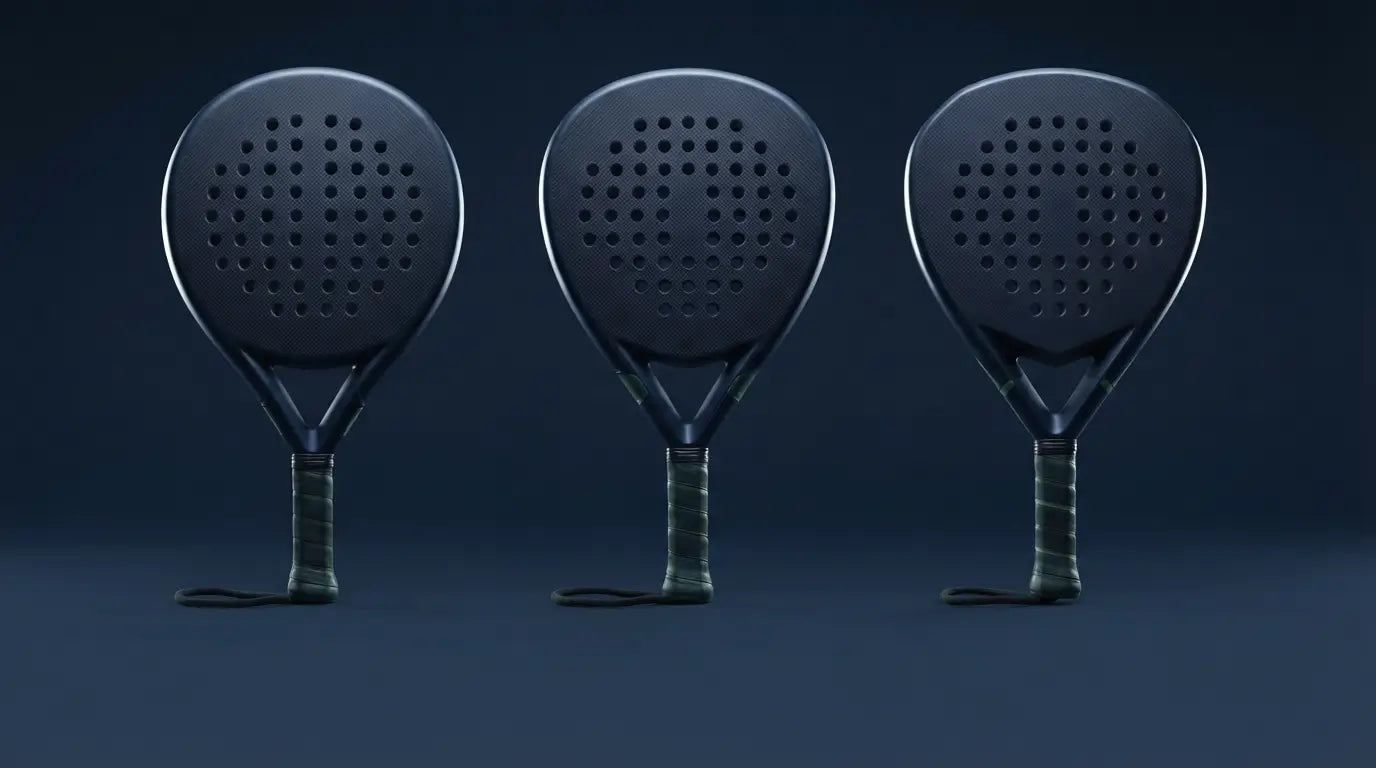 Three padel rackets side by side showing round, teardrop and diamond head shapes